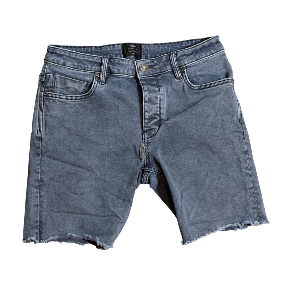 Neuw Lou Slim Grey Denim Shorts Mens Size 30 Raw Hem Button Fly Faded Wash